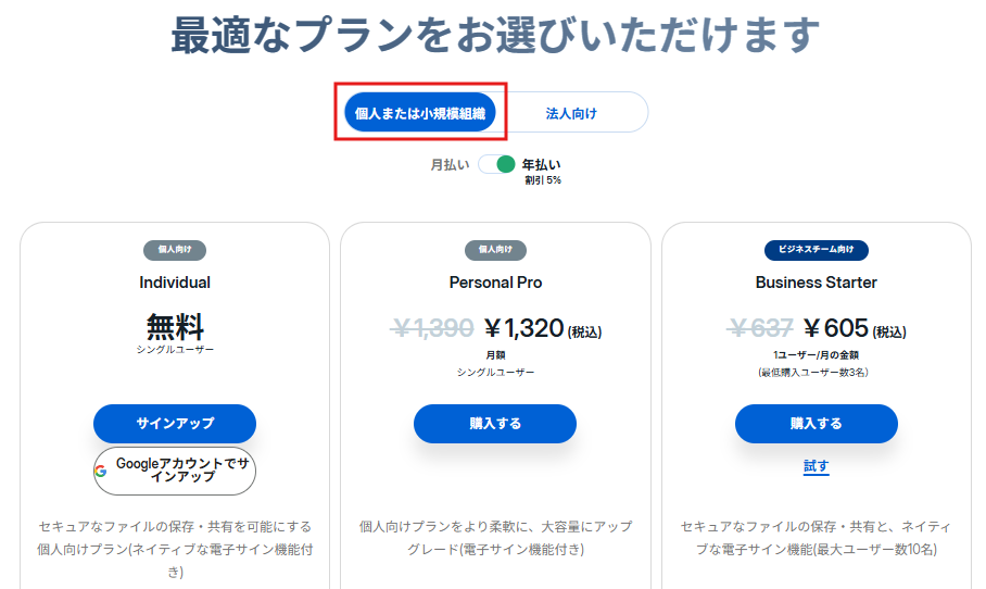 プランを選択してサインアップ・購入